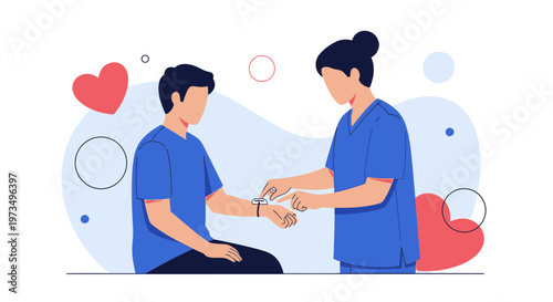 Nurse checking patient's pulse on wrist, healthcare concept, medical check-up, caring hands