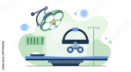 Operating Room Scene with Surgical Lamp, Headlight, and Table - Medical Illustration