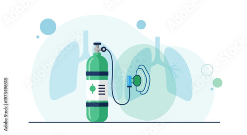 Oxygen Tank and Mask with Lungs Illustration - Medical Treatment and Respiratory Care Concept