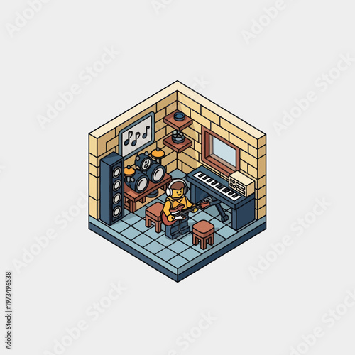 Isometric Music Room with Musician Playing Guitar and Keyboard.