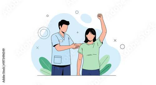 Physical therapist assisting patient with arm rehabilitation exercise, recovery concept