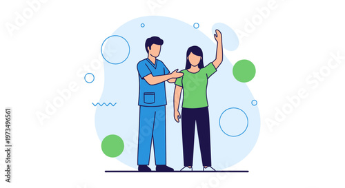 Physical therapist assisting patient with arm raise, rehabilitation and recovery concept