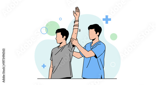 Physical therapist assisting patient with arm rehabilitation exercise, healthcare concept
