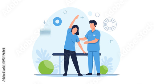 Physical therapist assisting patient with stretching exercise, rehabilitation and recovery