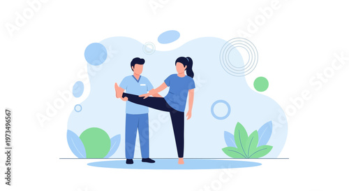 Physical therapist assisting patient with leg stretch, rehabilitation and recovery concept