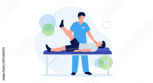 Physical Therapist Assisting Patient with Leg Stretching on Examination Table