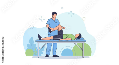 Physical therapist examining patient's leg on examination table, rehabilitation concept
