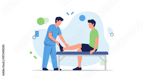 Physical therapist examining patient's leg on examination table, rehabilitation concept
