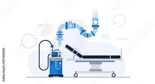 Robotic arm and ventilator connected to hospital bed, modern medical technology concept