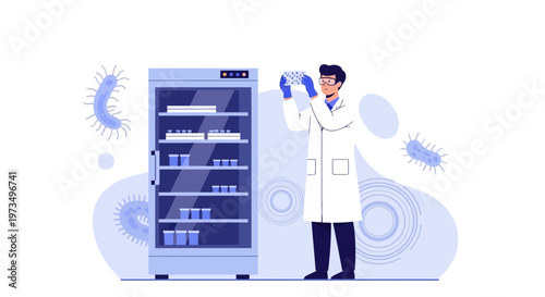 Scientist examining petri dish near incubator with bacteria, laboratory research concept