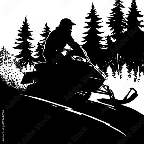 Silhouette of a person riding a snowmobile through a snowy forest, capturing the thrill of winter adventure