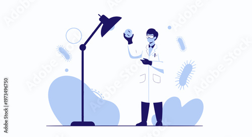 Scientist examining petri dish under lamp with bacteria illustration