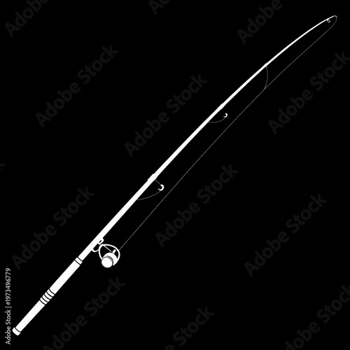 A black and white image of a fishing rod, showcasing its simple yet essential design. The rod is angled upwards, with a reel and line visible
