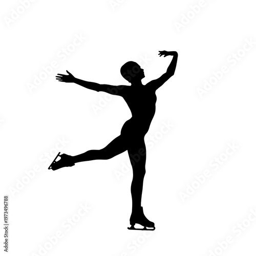 A silhouette of a graceful ice skater performing a beautiful dance routine on the ice. The skater has arms extended and is elegantly balanced on one skate.