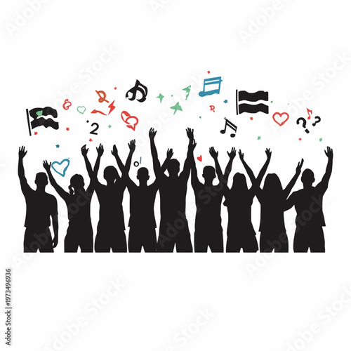 A lively gathering with people silhouettes raising their arms towards the colorful array of symbols