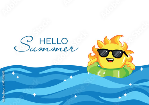 Hello Summer Horizontal Banner with Sun Mascot in Water and Ocean Waves