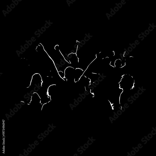 A vibrant, silhouetted crowd raising their arms in celebration. The scene radiates energy and excitement against a dark background