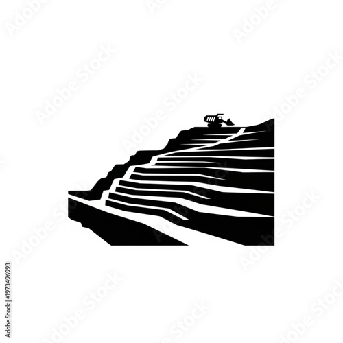 Terraced Farming Landscape with Tractor Silhouette Illustration.