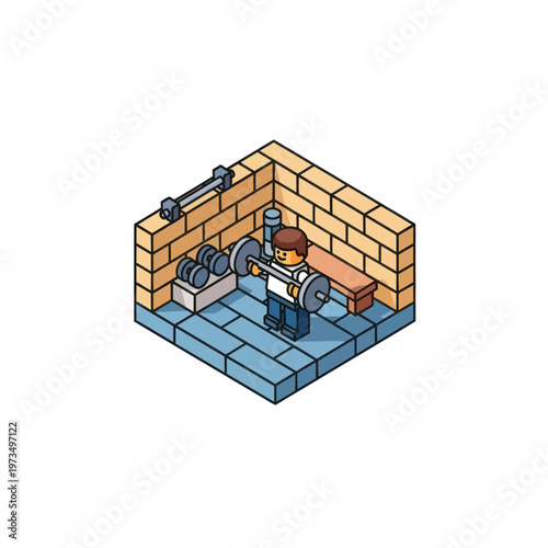 Isometric pixel art of a weightlifter in a gym.