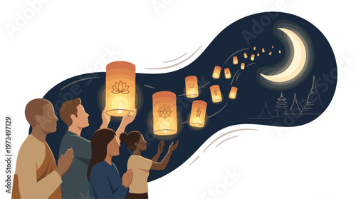 Visakha Bucha Day Flat Vector Illustration with Paper Lanterns