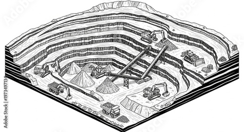 Terraced Open Pit Mine Cross Section Illustration.