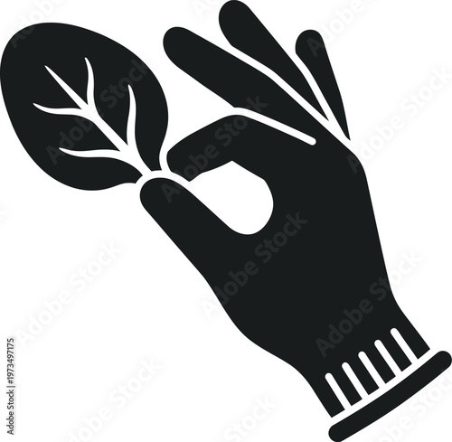 Minimalist safe food handling vector icon featuring a hand wearing a protective glove holding a leaf shaped food item for organic hygiene and quality control compliance monitoring concepts.