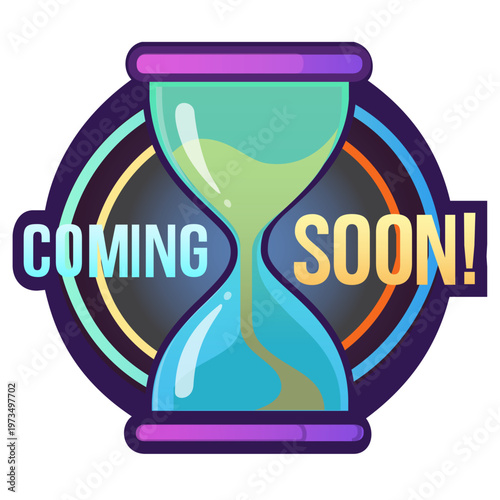 Hourglass Coming Soon Concept Vector Icon for Wait Time. Stylish hourglass illustration with "Coming Soon" text on a circular background. Represents time management, countdowns, website maintenance, o