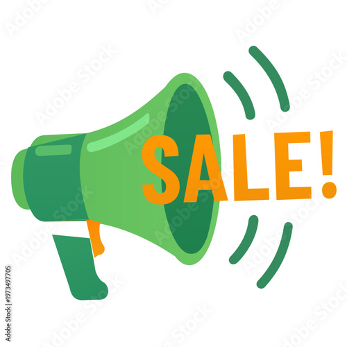 Megaphone Sale Announcement Vector Illustration. Green megaphone icon with "SALE!" text and sound waves. Professional vector for announcing discounts, promotional news, and marketing alerts.