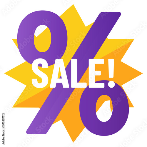 Big Percent Sale Sign Purple and Yellow Vector Icon. Bold "SALE!" text over a large percent symbol and starburst background. High-contrast purple and yellow design for flash sales, discounts, retail