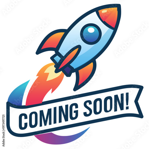 Rocket Launch Coming Soon Startup Teaser Vector. A powerful space rocket flying with a "Coming Soon" ribbon banner. Vibrant gradient style symbolizing startup launches, new project breakthroughs, 