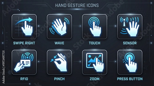 Set of futuristic hand gesture icons for touchscreen technology with touchscreen