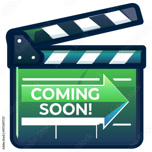 Movie Clapperboard Coming Soon Vector Icon for Video Launch. A professional movie clapperboard illustration with "Coming Soon!" text and a green arrow. Vibrant flat design perfect for film premieres, 