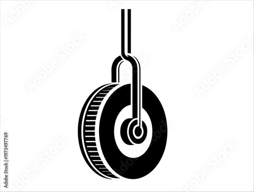 Simple pulley silhouette with hook support and grooved wheel for lifting applications.