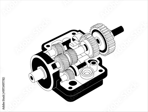 Spur gear silhouette in multi‑stage gearbox housing for mechanical reduction and torque transfer.