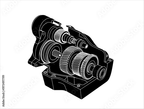 Technical gearbox silhouette showing interlocking gears and housing for mechanical power transmission.