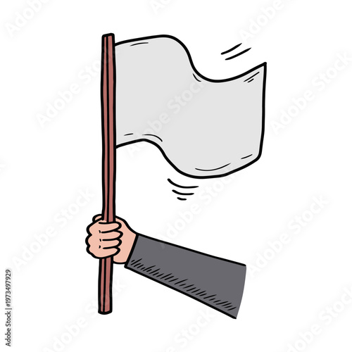Hand holding white flag vector illustration for surrender or peace. Hand drawn illustration of a person holding a white flag for protest or succes