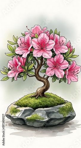 Bonsai tree with pink flowers growing.