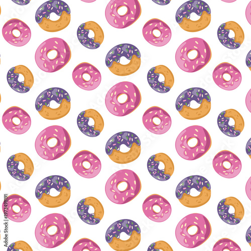 Sweet donut seamless pattern with sprinkles and glaze. Vector hand-drawn bakery background