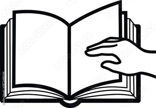 Title open book with hand turning page a symbol of knowledge and learning description a black and white line drawing depicts an