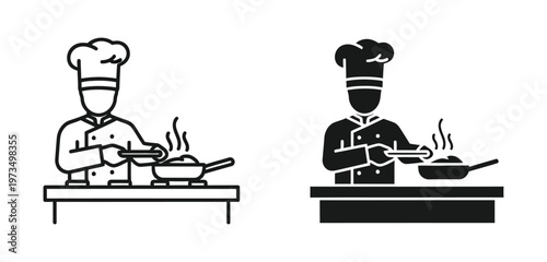 Two chefs cooking in kitchen with frying pans on stove