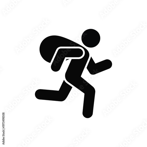 Burglary concept icon with person carrying large sack while running fast across transparent background in minimalist black style.