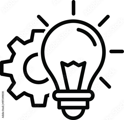 Title innovation concept lightbulb and gears symbolizing ideas and problem solving description a black and white line art illustration depicting a lightbulb