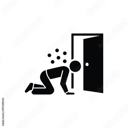 Vector silhouette of person staying low while escaping smoke filled room through exit door for fire drill safety illustration.