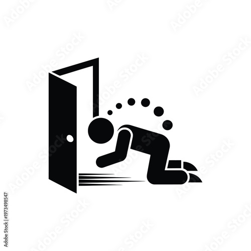 Safety icon showing person crawling through open door during fire emergency with smoke particles above on transparent background.