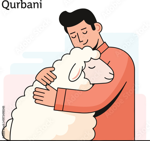 Man Embracing White Sheep Qurbani Vector Illustration - Eid Al-Adha Islamic Sacrifice Festival Shepherd Care Flat Design