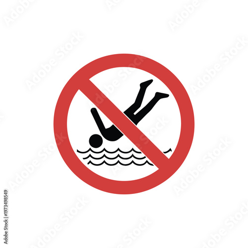 No diving prohibition sign featuring red circle slash over person jumping into wavy water for swimming safety and pool warning.