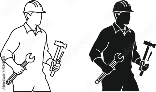 Two workers with construction tools wearing hard hats standing