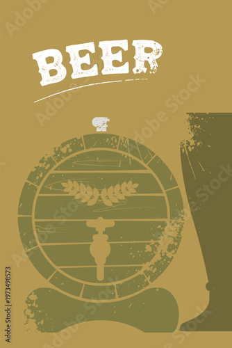 Modern flat vector design with a retro twist showing a beer barrel and glass. High-contrast illustration for craft beer labels, brewery websites, or social media promotional content