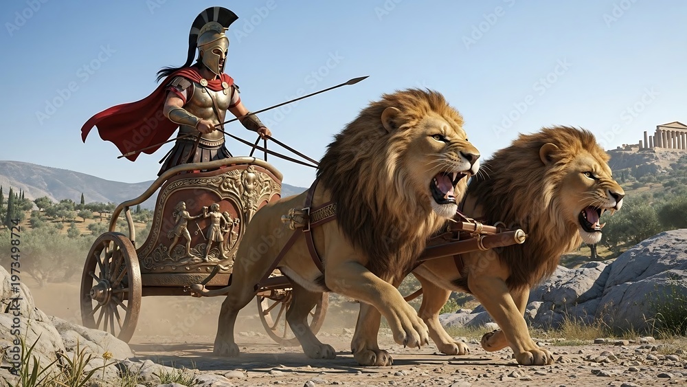 Naklejka premium Ancient warrior commanding a lion-drawn chariot in a dramatic scene.