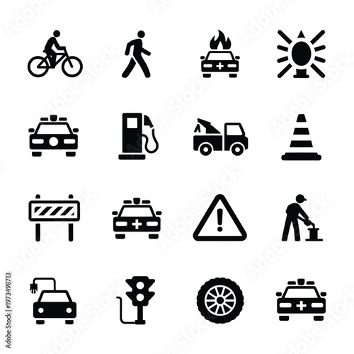 Comprehensive transportation and road safety icon set featuring emergency vehicles traffic control and infrastructure symbols.